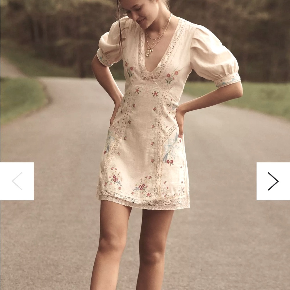 Anthropologie Embroidered Linen Blend Puff-Sleeve V-Neck Mini Dress